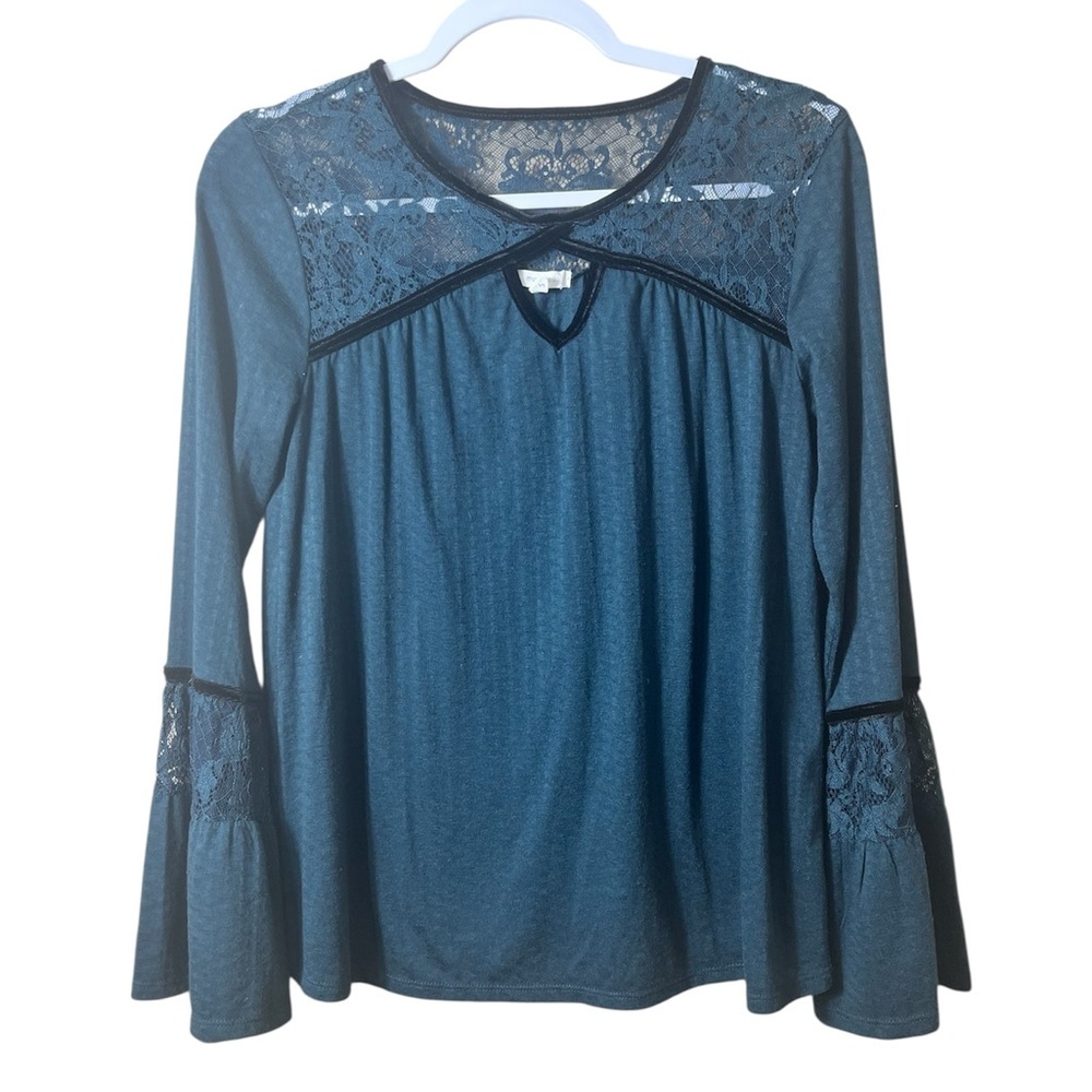 Fairy Whimsygoth Dark Academia Lace Velvet Trim Bell Sleeve Blouse | Size Small